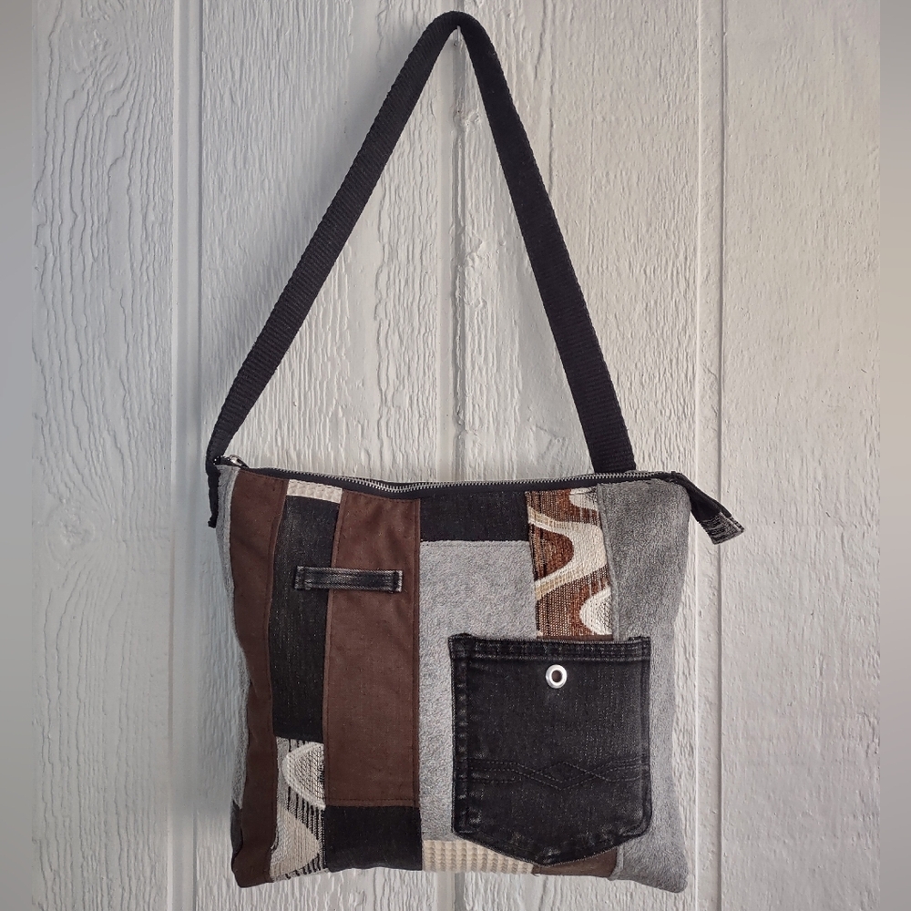 13" Upcycled Patchwork Shoulder Bag Purse Zippered Soft Fabric Quilted Handmade